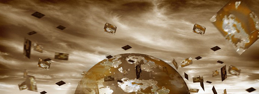 composite image of dark clouds, the planet and items swirling to denote the chaos surrounding a disaster